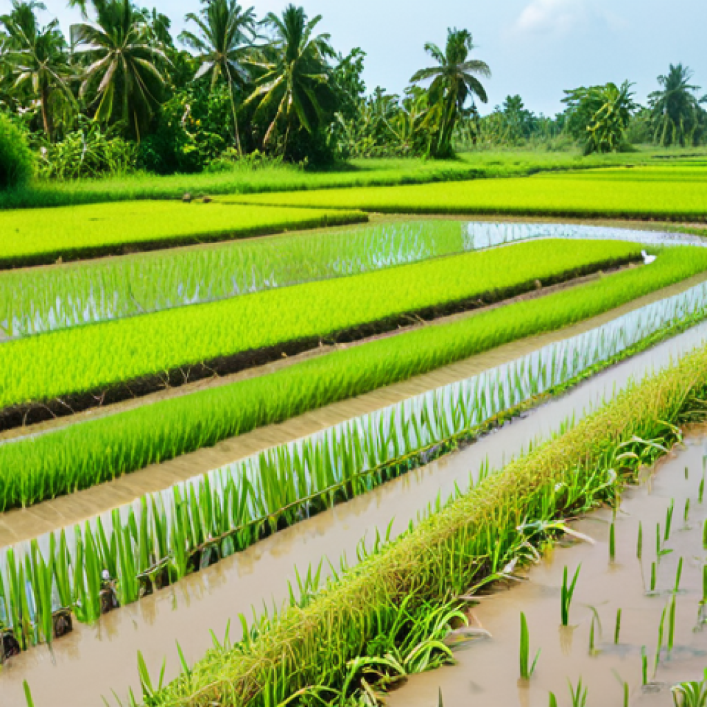 A lush, green farm in the Mekong Delta, Vietnam. Rice paddies are thriving, irrigated by a clear, modern water recycling system. Farmers are tending to the crops, showcasing sustainable agriculture with recycled water. Bright, sunny day.