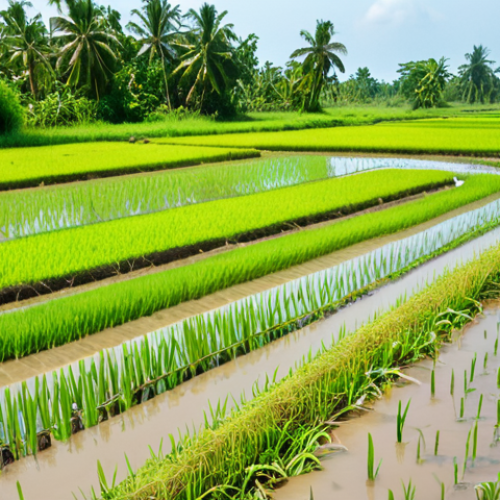 A lush, green farm in the Mekong Delta, Vietnam. Rice paddies are thriving, irrigated by a clear, modern water recycling system. Farmers are tending to the crops, showcasing sustainable agriculture with recycled water. Bright, sunny day.