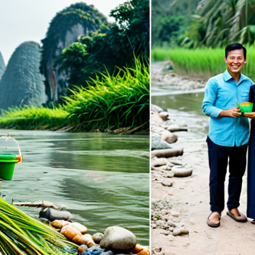 A visually striking split image depicting the environmental impact and solution in Vietnam. On the left, a fully clothed Vietnamese family, wearing modest clothing and appropriate attire, looks with concern at a riverbank subtly marred by a few pieces of traditional plastic waste. On the right, the same family smiles brightly, interacting with a pristine, lush Vietnamese landscape, holding and using various modern bioplastic products like elegant plant-based cups, biodegradable food containers, and sturdy bioplastic shopping bags. The transition between the two scenes is seamless, emphasizing hope and progress. perfect anatomy, correct proportions, natural pose, well-formed hands, proper finger count, natural body proportions, professional photography, high quality, safe for work, appropriate content, family-friendly.