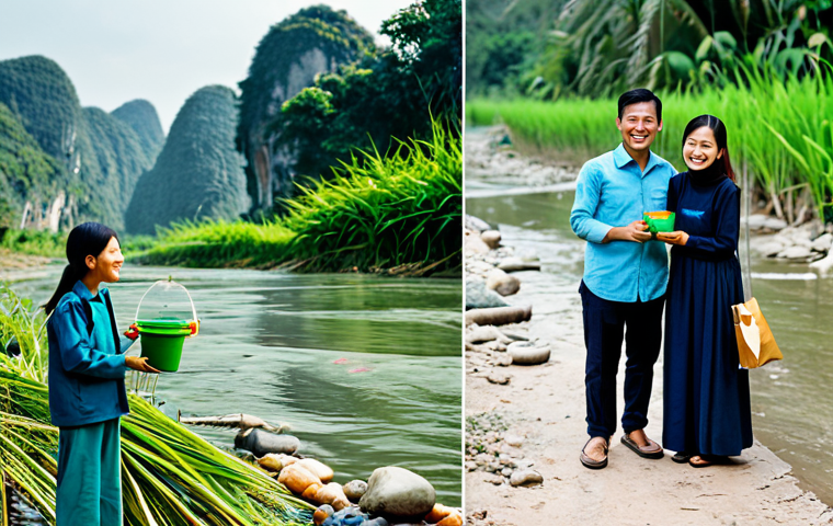 A visually striking split image depicting the environmental impact and solution in Vietnam. On the left, a fully clothed Vietnamese family, wearing modest clothing and appropriate attire, looks with concern at a riverbank subtly marred by a few pieces of traditional plastic waste. On the right, the same family smiles brightly, interacting with a pristine, lush Vietnamese landscape, holding and using various modern bioplastic products like elegant plant-based cups, biodegradable food containers, and sturdy bioplastic shopping bags. The transition between the two scenes is seamless, emphasizing hope and progress. perfect anatomy, correct proportions, natural pose, well-formed hands, proper finger count, natural body proportions, professional photography, high quality, safe for work, appropriate content, family-friendly.