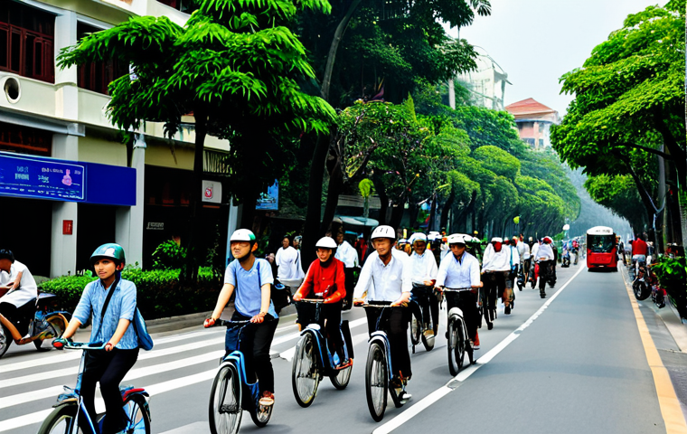 **

"A bustling street scene in Hanoi, Vietnam. Focus on diverse modes of green transportation: cyclists using dedicated bike lanes, modern electric buses, and pedestrians enjoying tree-lined sidewalks. Buildings in the background are adorned with vertical gardens and solar panels. Fully clothed individuals are going about their day in modest attire. Safe for work, appropriate content, professional, perfect anatomy, natural proportions, high quality."

**