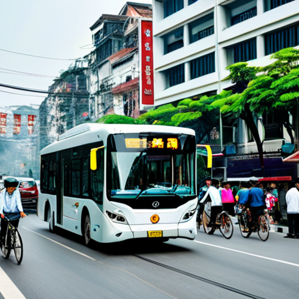 Smart City Transportation**

"A busy Hanoi street scene during the day, featuring electric buses with real-time information displays and cyclists wearing helmets, modern architecture in the background, fully clothed pedestrians, safe for work, appropriate content, professional, perfect anatomy, natural pose, well-formed hands, proper finger count, natural body proportions, high quality."

**