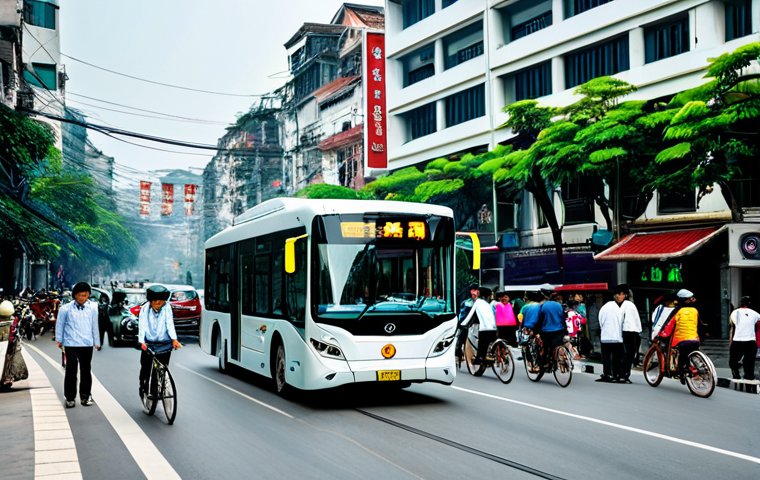 Smart City Transportation**

"A busy Hanoi street scene during the day, featuring electric buses with real-time information displays and cyclists wearing helmets, modern architecture in the background, fully clothed pedestrians, safe for work, appropriate content, professional, perfect anatomy, natural pose, well-formed hands, proper finger count, natural body proportions, high quality."

**