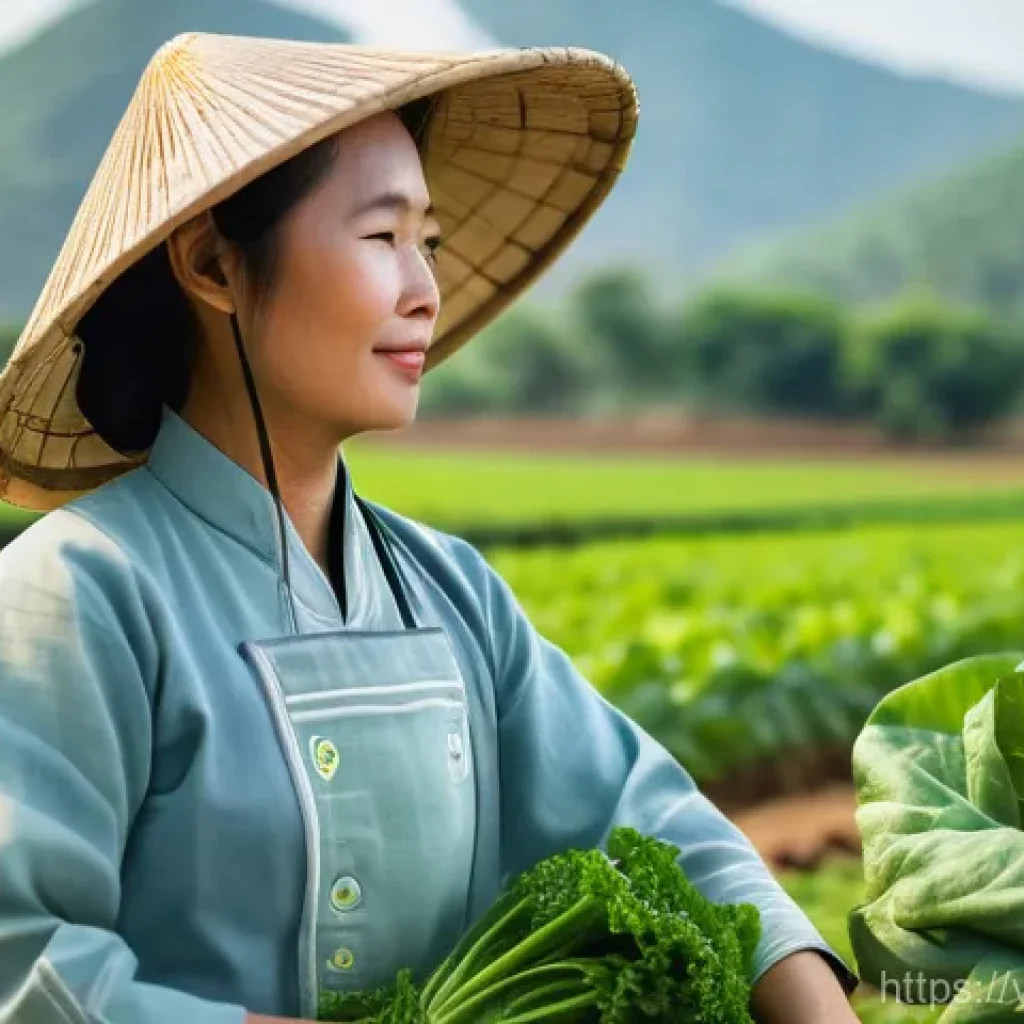 지속 가능한 식품 생산 시스템 - "A serene portrait of a Vietnamese female farmer, approximately 40-50 years old, wearing a tradition...