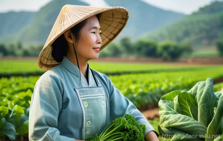 지속 가능한 식품 생산 시스템 - "A serene portrait of a Vietnamese female farmer, approximately 40-50 years old, wearing a tradition...