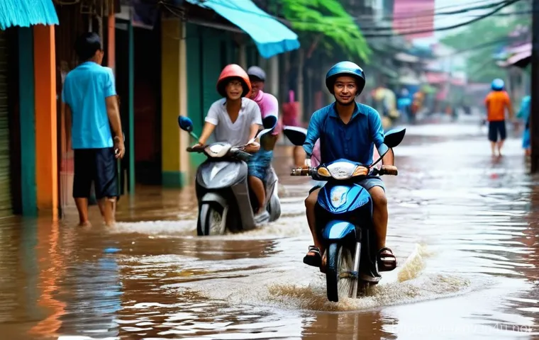 기후 변화 예측 - **Urban Resilience in Monsoon Flooding:**
    A vibrant, bustling street scene in a major Vietnamese...