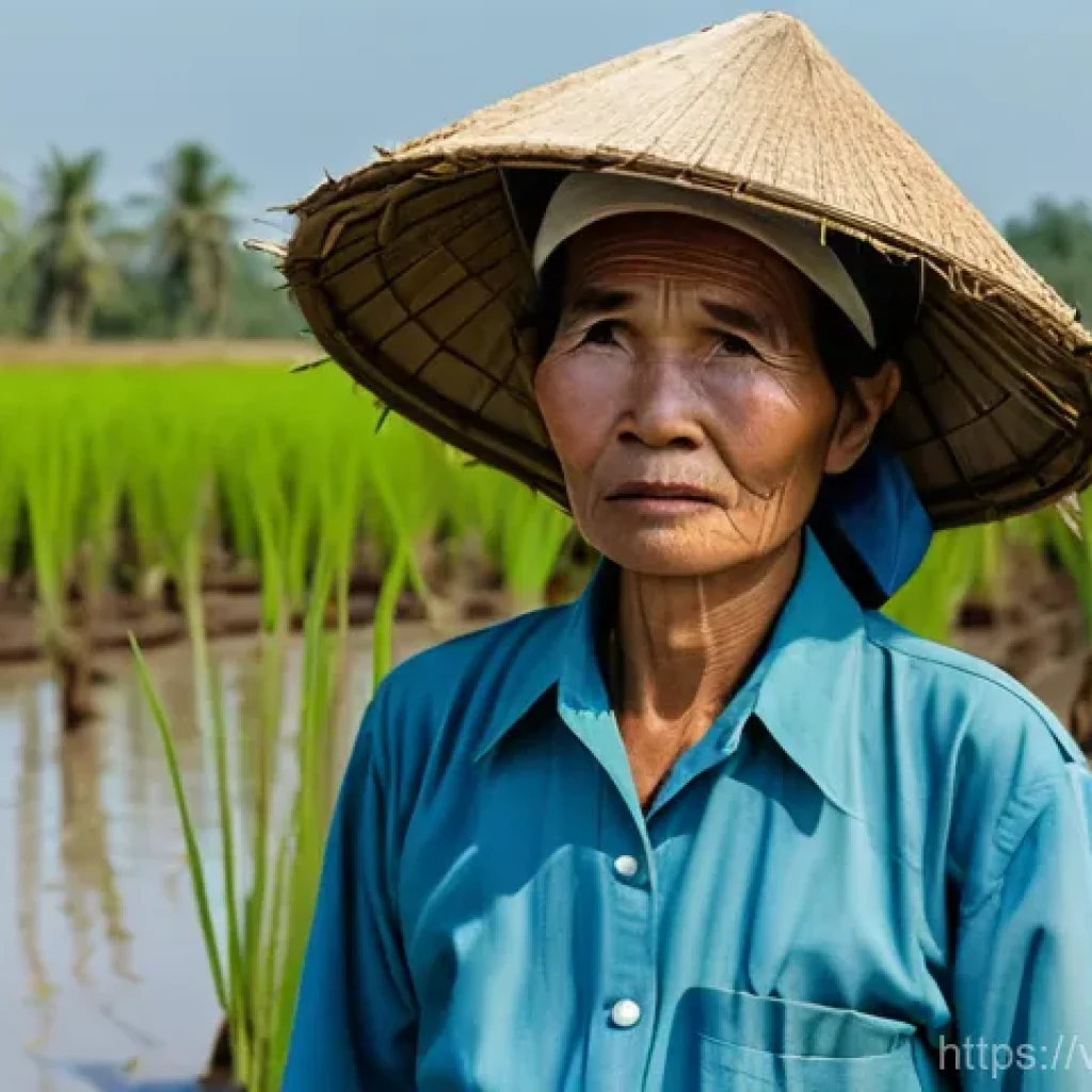 기후 변화와 농업 - **Prompt:** A resilient Vietnamese farmer, a middle-aged woman with a weathered but determined face,...