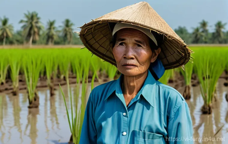 기후 변화와 농업 - **Prompt:** A resilient Vietnamese farmer, a middle-aged woman with a weathered but determined face,...