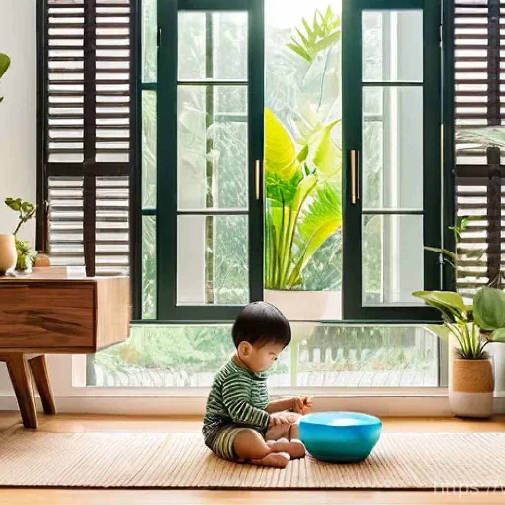 그린빌딩 인증 - **Healthy, Serene Green Home Interior:** A bright and airy modern Vietnamese living room, bathed in ...