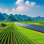 미래 환경과 글로벌 경제 - A vibrant, optimistic scene showcasing Vietnam's leadership in the green economy. In the foreground,...
