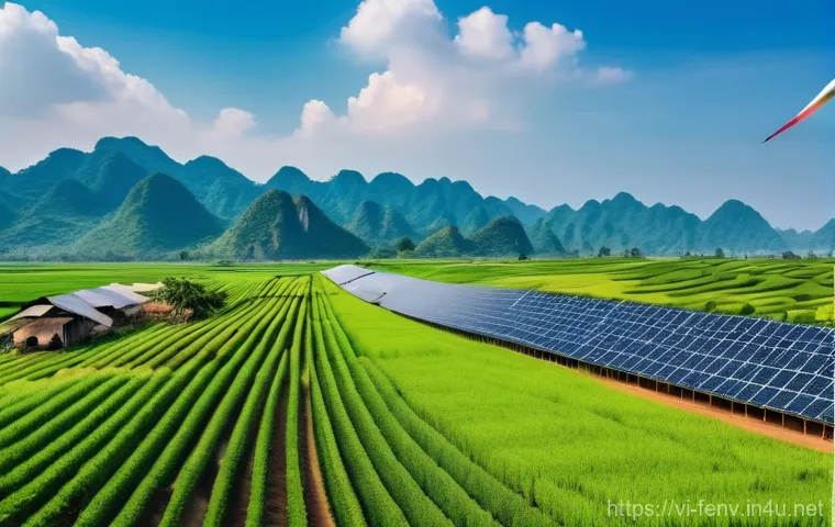 미래 환경과 글로벌 경제 - A vibrant, optimistic scene showcasing Vietnam's leadership in the green economy. In the foreground,...