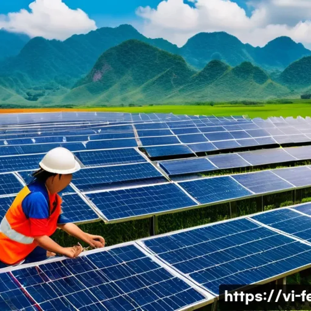 클린 에너지 산업 - A vibrant solar farm in the Central Highlands of Vietnam under a bright blue sky, featuring rows of ...