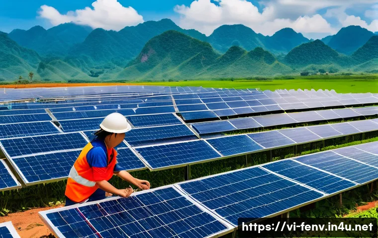 클린 에너지 산업 - A vibrant solar farm in the Central Highlands of Vietnam under a bright blue sky, featuring rows of ...