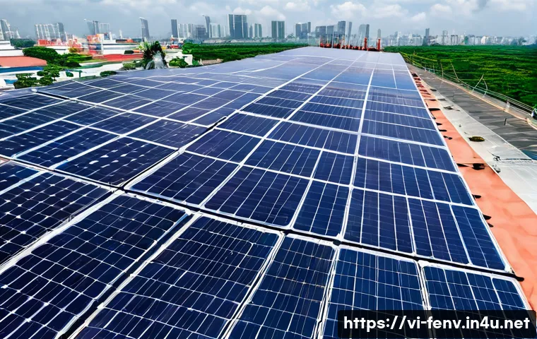 산업 혁신과 환경 - A modern Vietnamese industrial factory rooftop in Ho Chi Minh City covered with sleek, high-efficien...