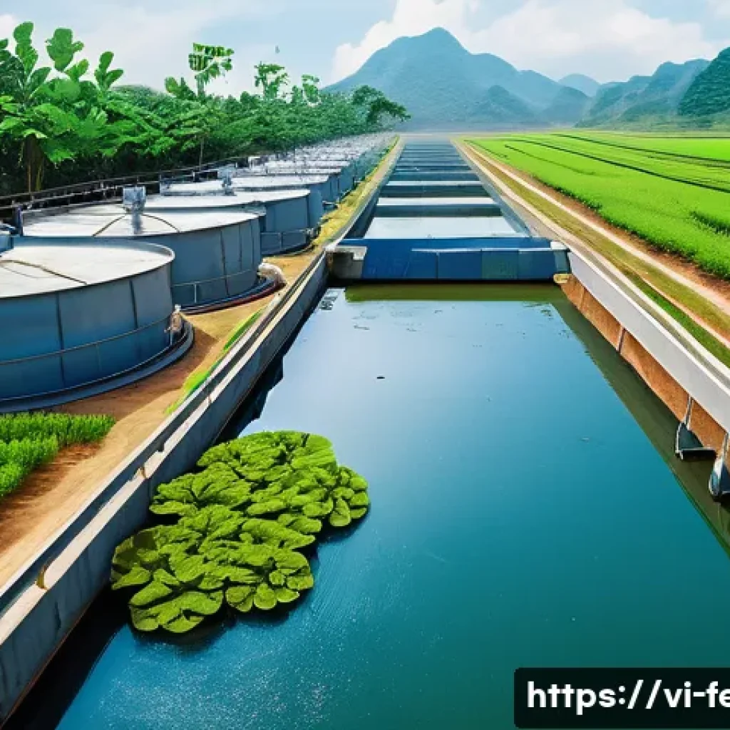 수질 오염 문제 해결 - A detailed scene of a Vietnamese wastewater treatment plant in a rural setting, showcasing biologica...