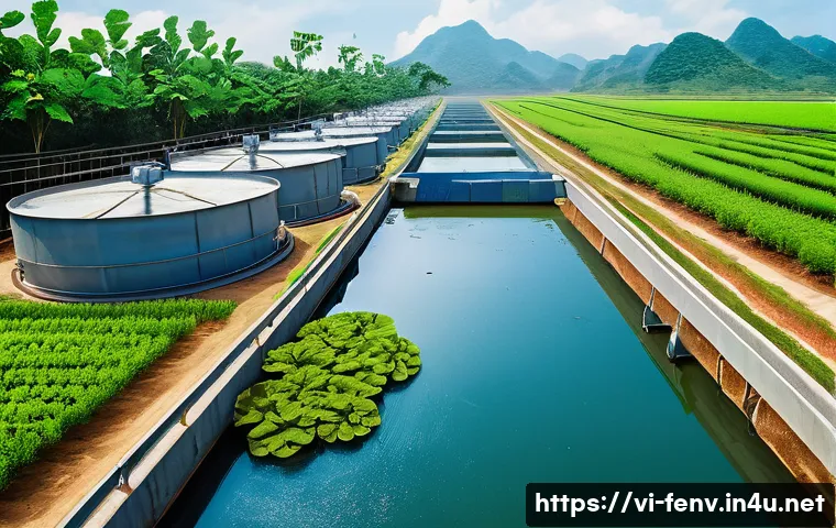 수질 오염 문제 해결 - A detailed scene of a Vietnamese wastewater treatment plant in a rural setting, showcasing biologica...