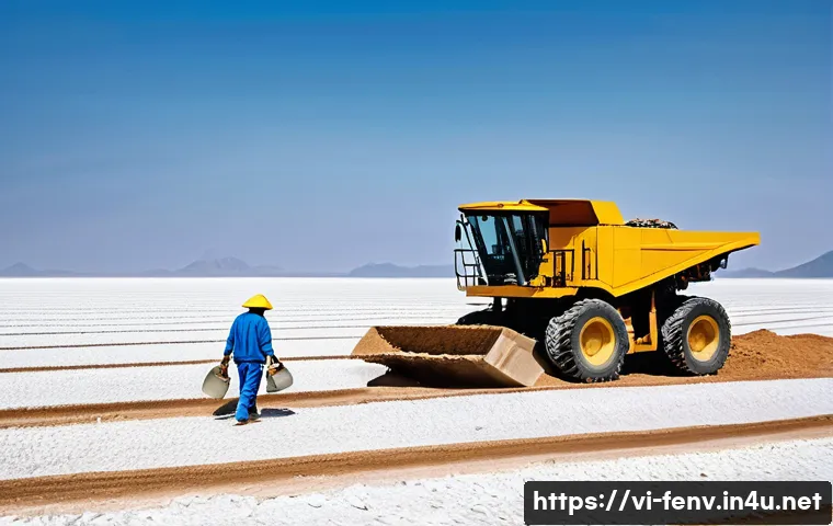 리튬 배터리와 환경 - A detailed scene depicting a lithium mining operation in a desert region of Vietnam, showcasing larg...