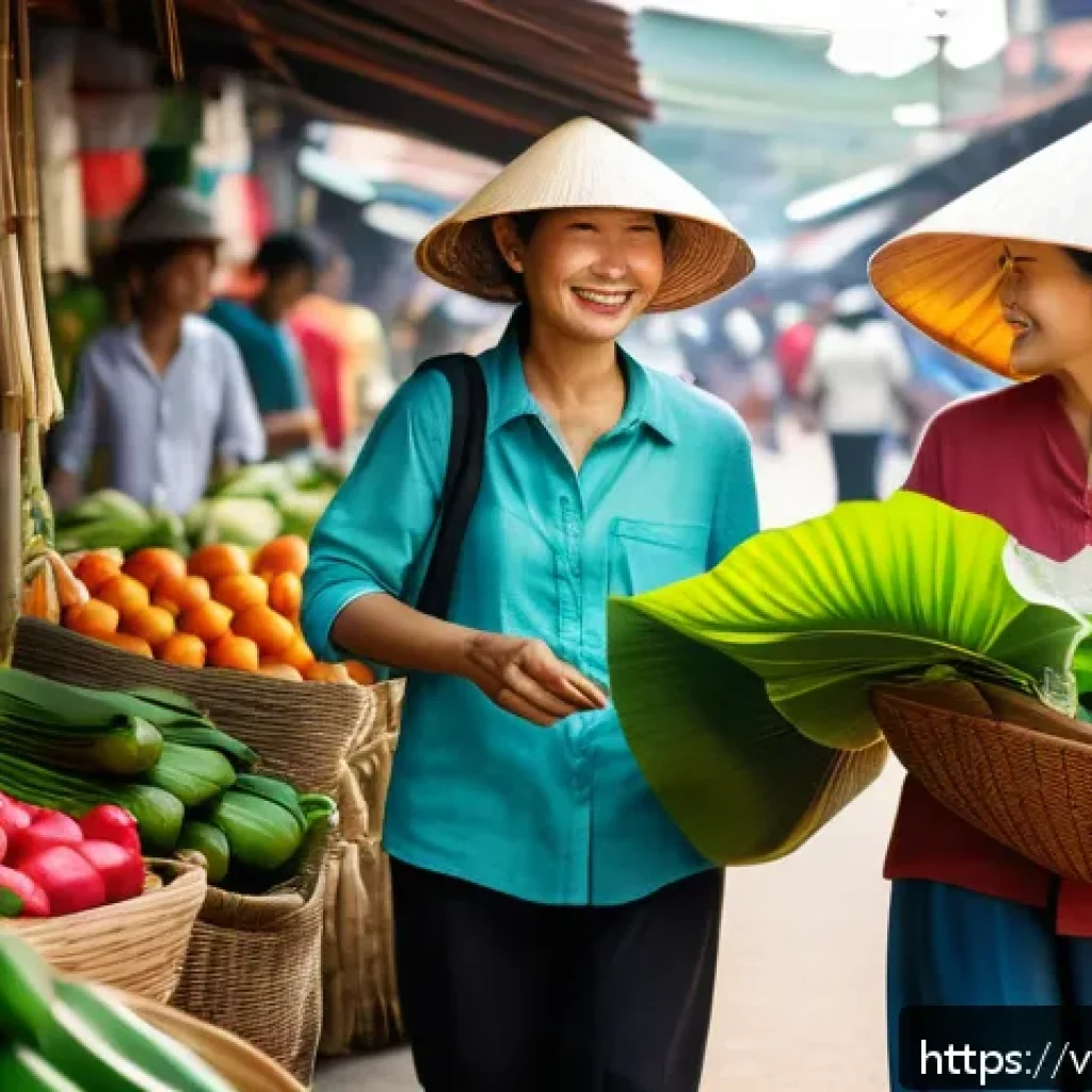 플라스틱 쓰레기 줄이기 - A vibrant Vietnamese outdoor market scene with diverse people shopping using reusable sturdy fabric ...
