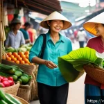 Home 21 플라스틱 쓰레기 줄이기 - A vibrant Vietnamese outdoor market scene with diverse people shopping using reusable sturdy fabric ...