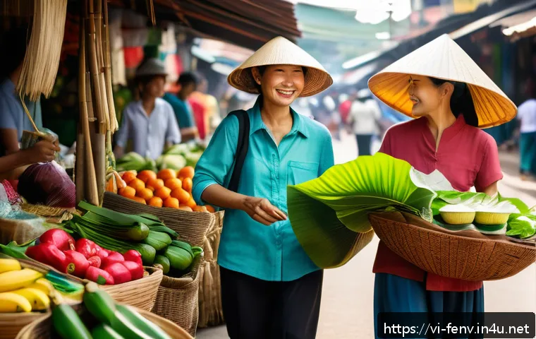 플라스틱 쓰레기 줄이기 - A vibrant Vietnamese outdoor market scene with diverse people shopping using reusable sturdy fabric ...