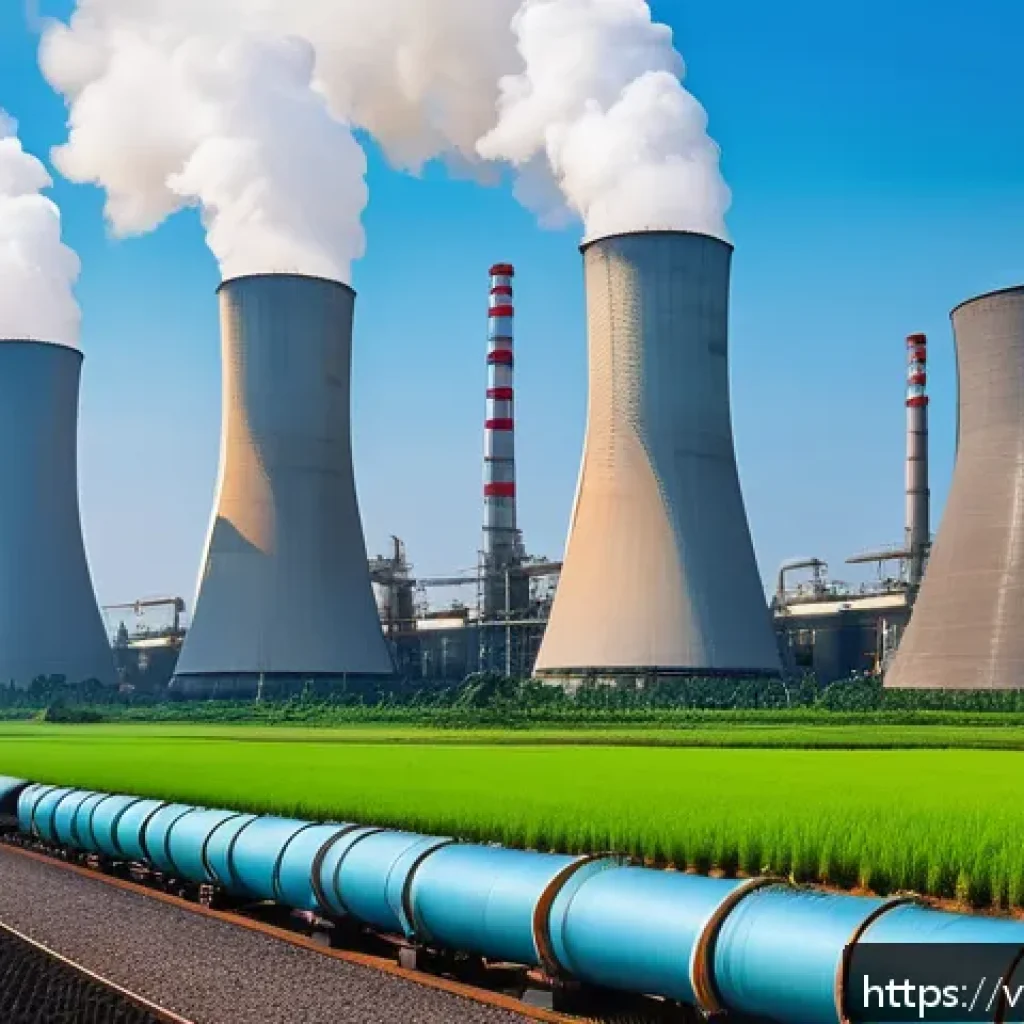 탄소 포집 기술 - A detailed industrial scene showing a modern Vietnamese coal-fired power plant equipped with advance...