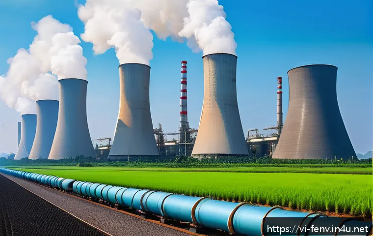 탄소 포집 기술 - A detailed industrial scene showing a modern Vietnamese coal-fired power plant equipped with advance...
