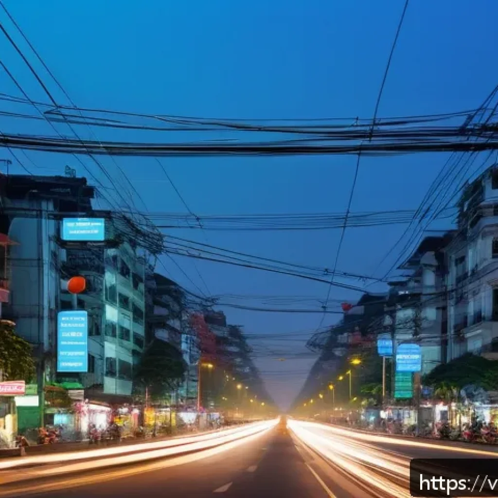 인공지능 기반 환경 분석 - A detailed urban landscape in Hanoi showing a network of smart air quality sensors mounted on street...
