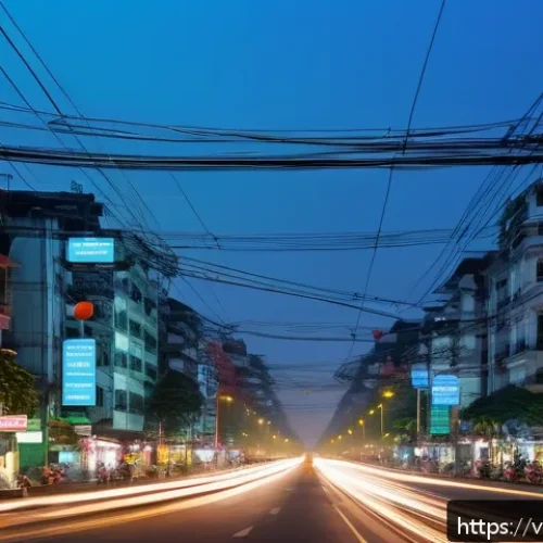 Home 31 인공지능 기반 환경 분석 - A detailed urban landscape in Hanoi showing a network of smart air quality sensors mounted on street...