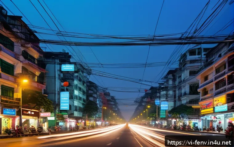 인공지능 기반 환경 분석 - A detailed urban landscape in Hanoi showing a network of smart air quality sensors mounted on street...