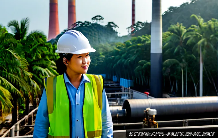 Home 17 탄소 배출 줄이기 위한 법적 규제 - Photorealistic Vietnamese environmental inspector wearing a safety helmet and reflective vest, measu...