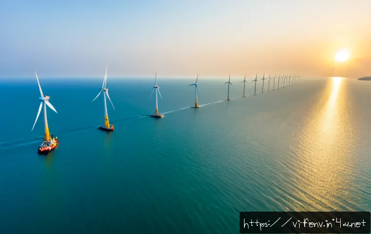 Home 17 풍력 발전의 미래 - Photorealistic wide-angle view of a modern offshore wind farm along the Vietnamese coastline at sunr...